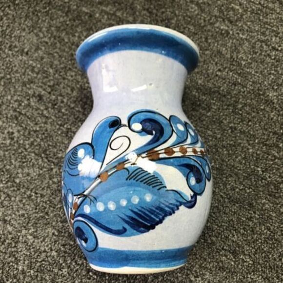TONALA Mexican Pottery Vase Signed Blue Flower Bird Hand painted  6.5” vintage - Picture 1 of 6